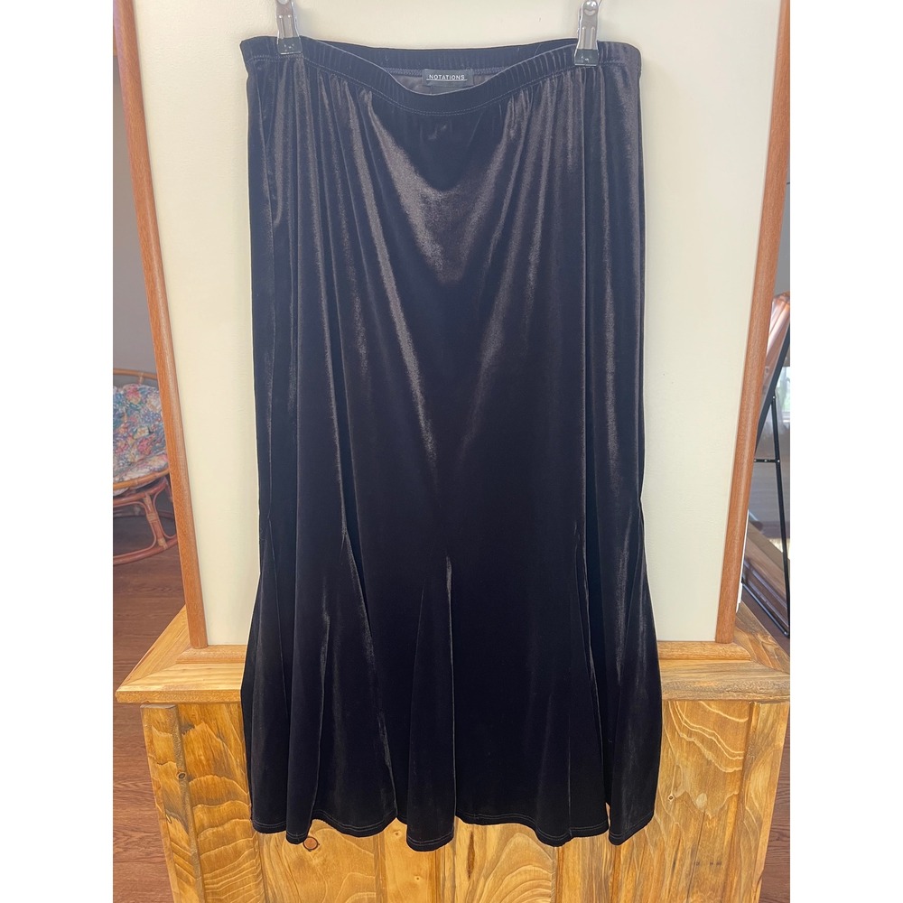 Notations Womens Large Black Velvet Flared Godet Midi Skirt